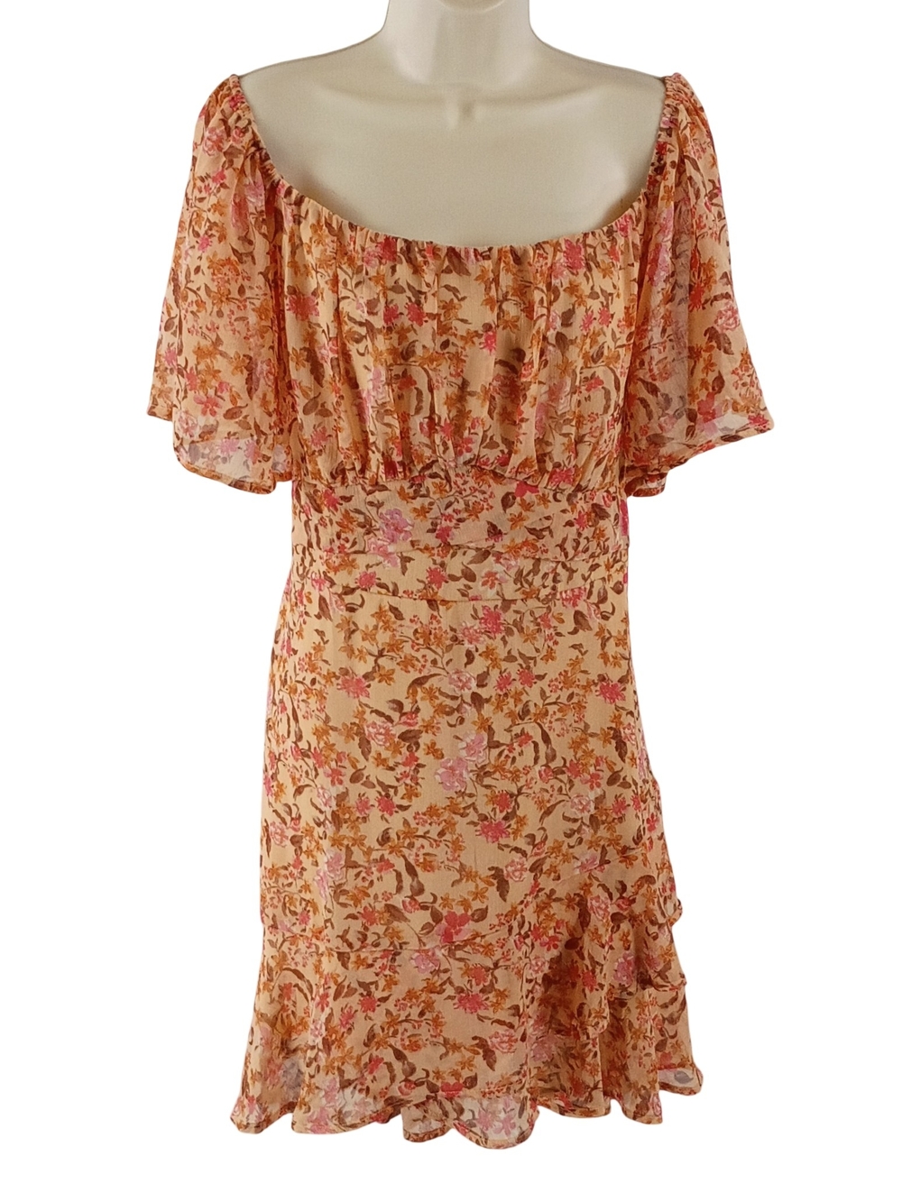 ARULA Peach Floral Off-Shoulder Midi Dress